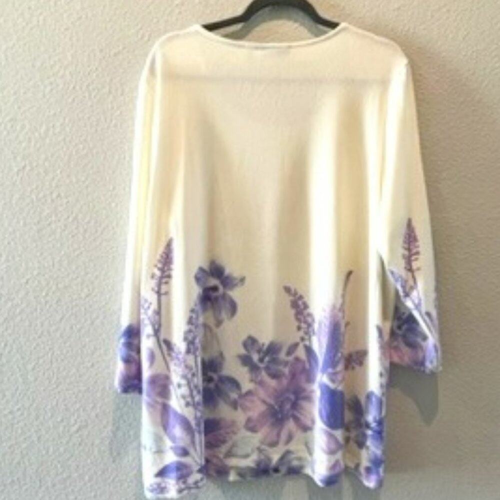 Susan Graver XL Purple Floral Sweater Knit Tunic Cream 3/4 Sleeve Soft Top - Picture 6 of 6